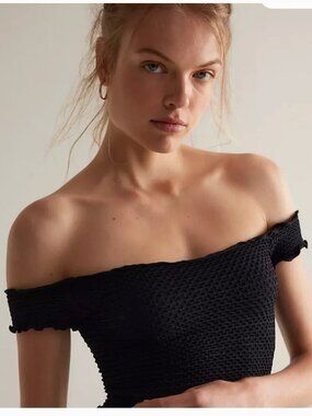 Free People Smocked Crop Top XS Black Stretch Off-The-Shoulder
